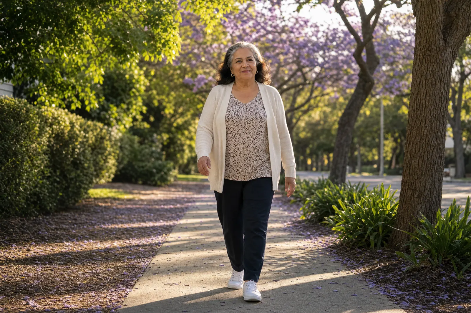 Mujer caminando cómodamente por un parque soleado de Arcadia